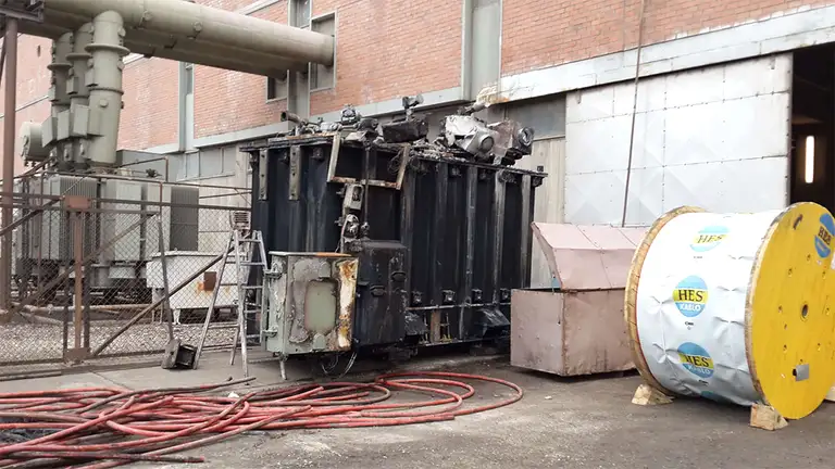 A fire-damaged transformer with a scorched, blackened tank and burnt fittings on its cover, standing outside a brick building, with a cable drum and coiled cable beside it